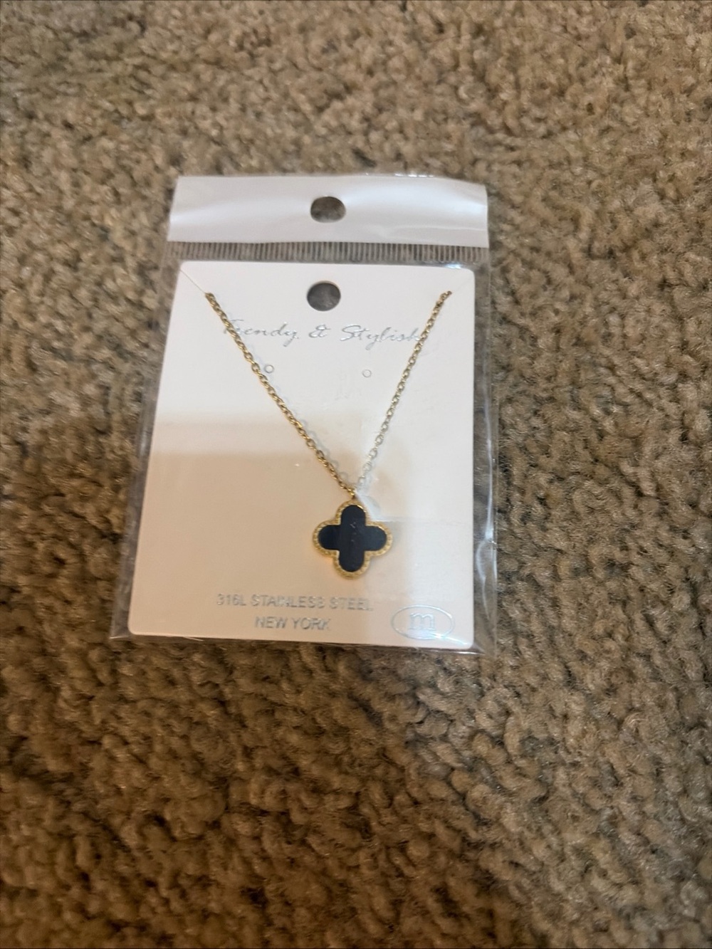 Gold Cross Clover Necklace with Black Inlay